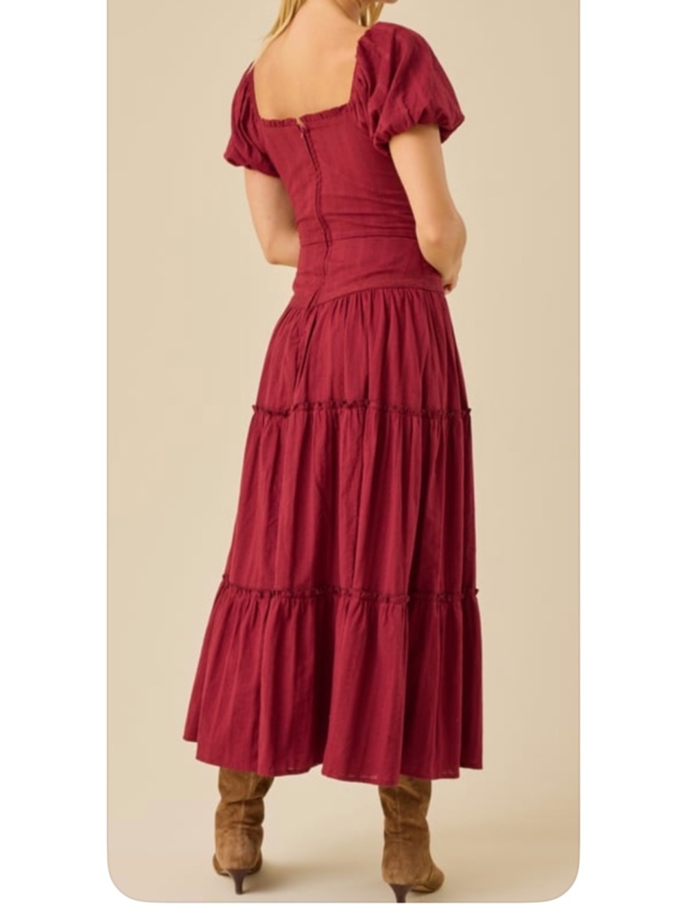 Altar'd State Burgundy Puff-Sleeve Tiered Midi Dress Sz XL